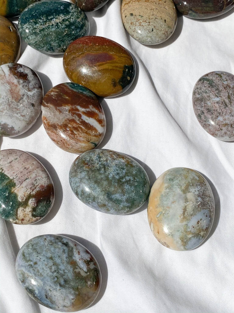 Ocean Jasper Pillow Palm Stone - Unearthed Crystals